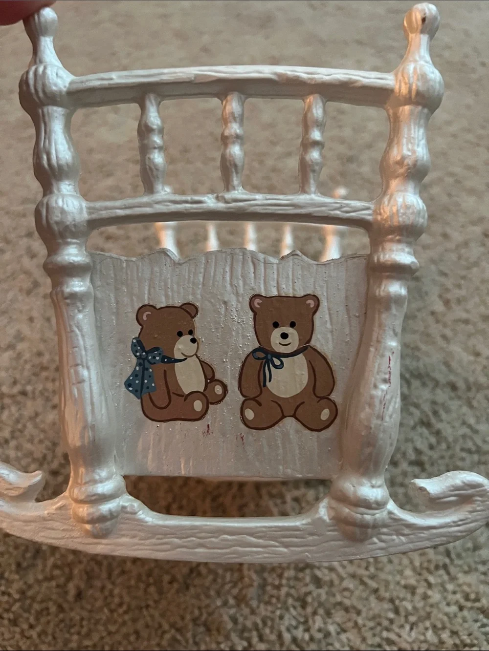 White Teddy Bear Wooden Doll Cradle - Kids Toys